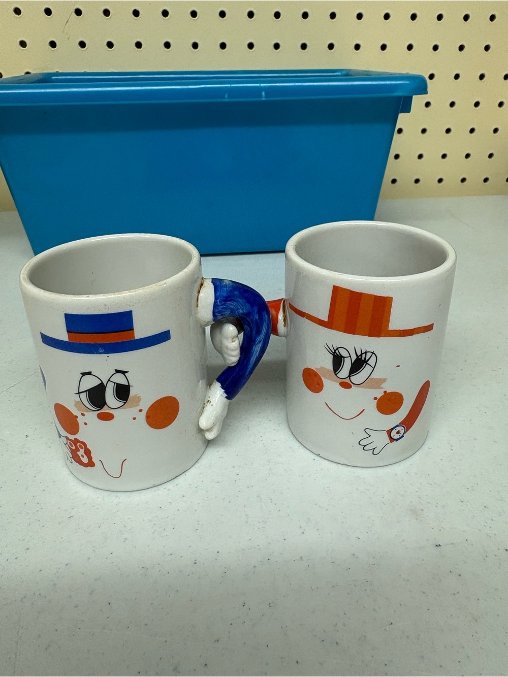 Pair of Vintage Smiley Face Ceramic Mugs with Painted Handles